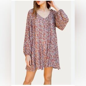 Storia Floral Georgette Swing Boho Mini Dress Cottagecore Tie Back Long Sleeve L